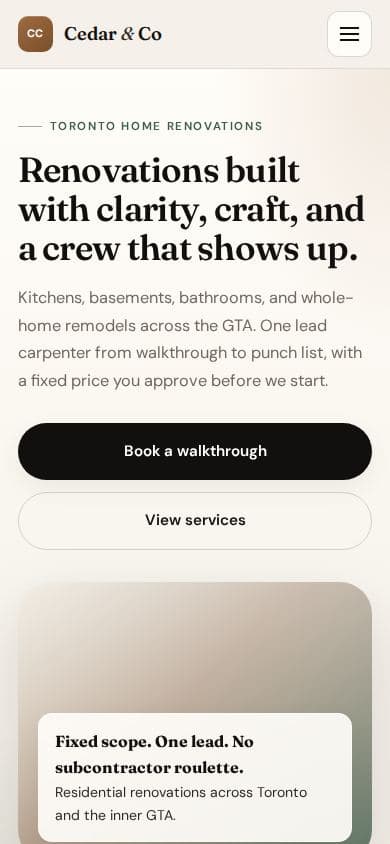 Renovation website design, demo with placeholder content