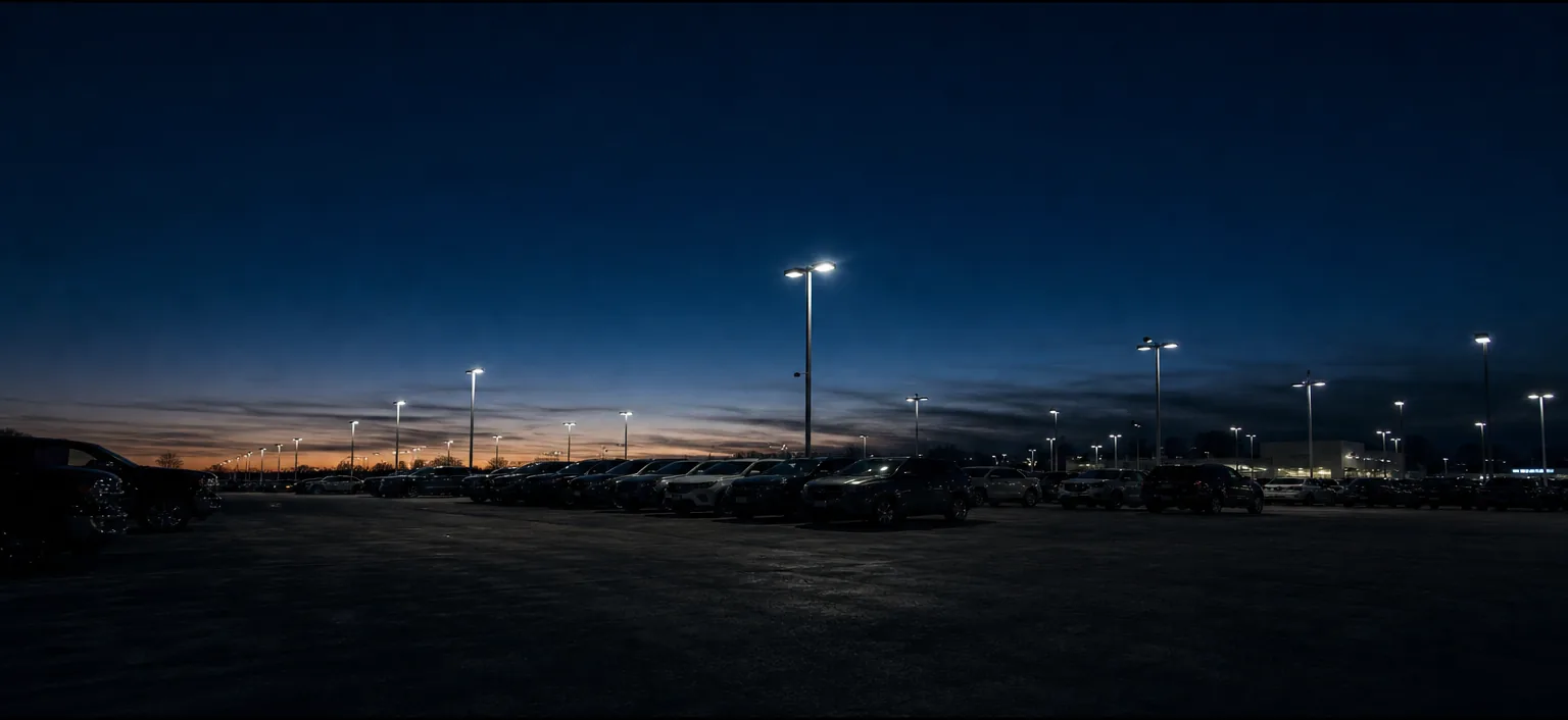 Blue-hour dealership lot with a light grey SUV under lot lights