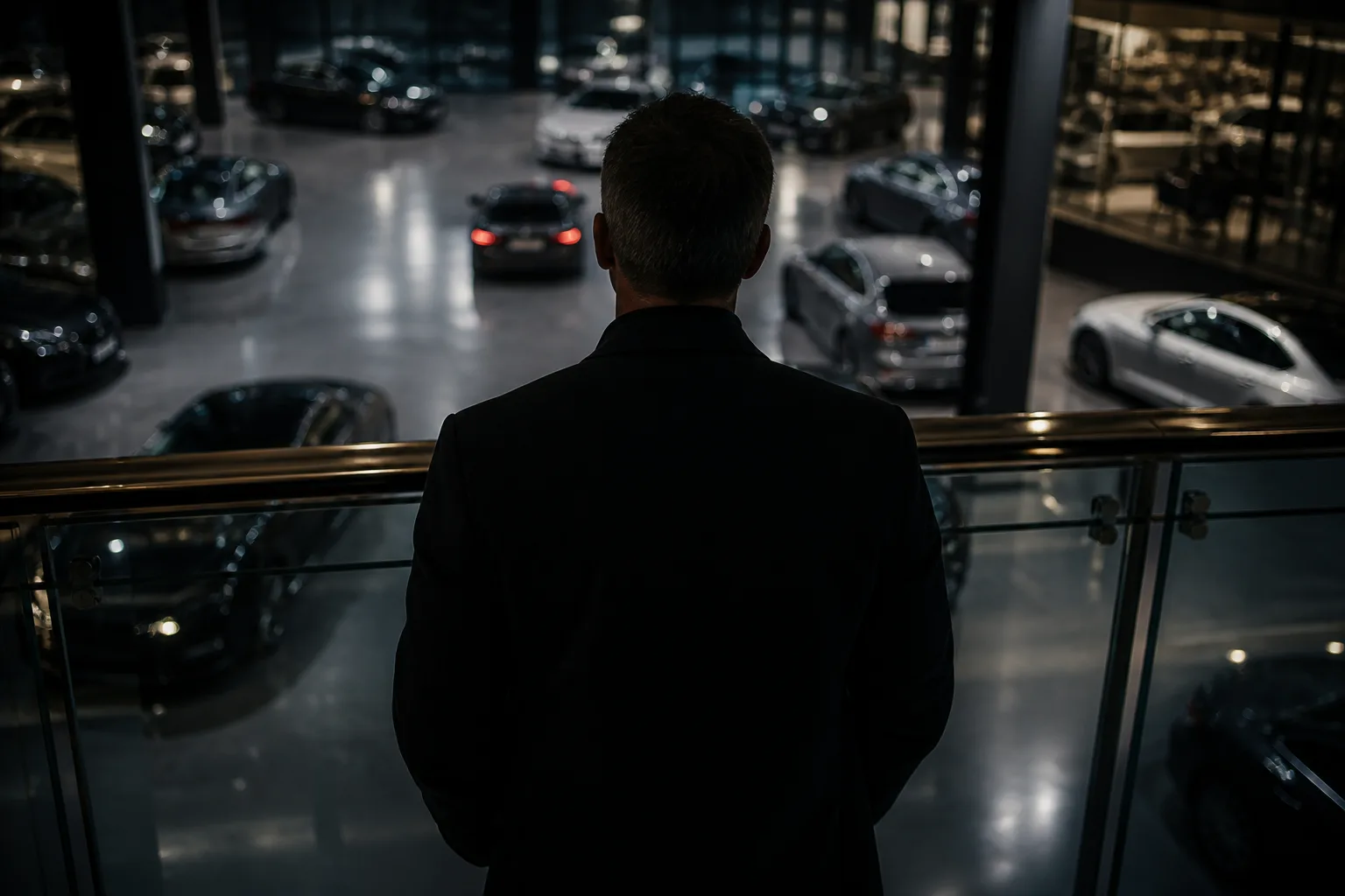 A sales manager seen from behind at a glass desk overlooking the showroom