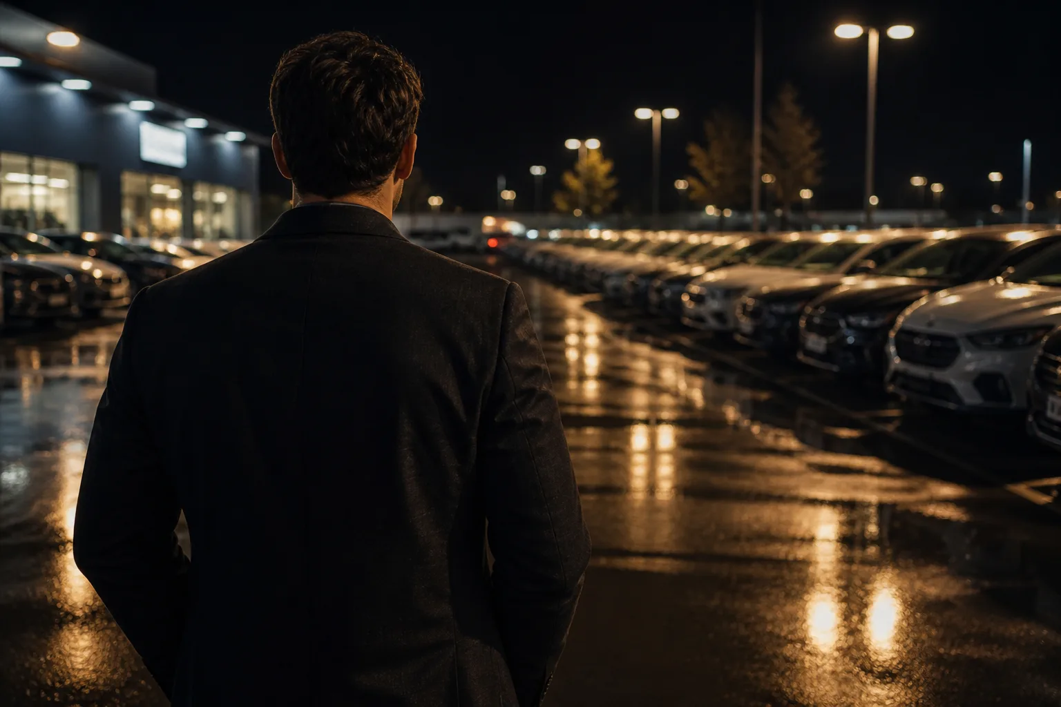 A salesperson seen from behind on a lit night dealership lot