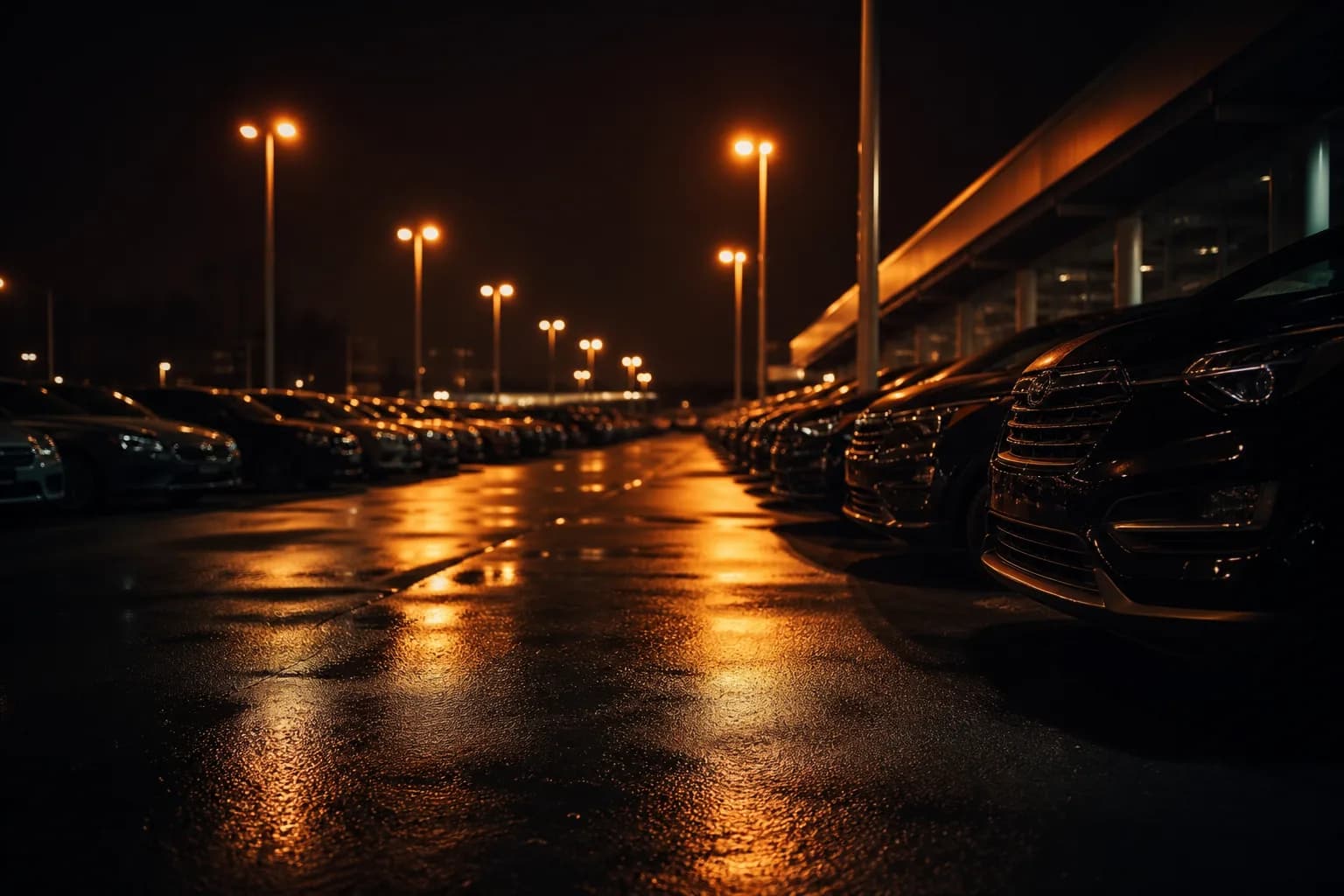 Empty wet night dealership lot under orange lot lights