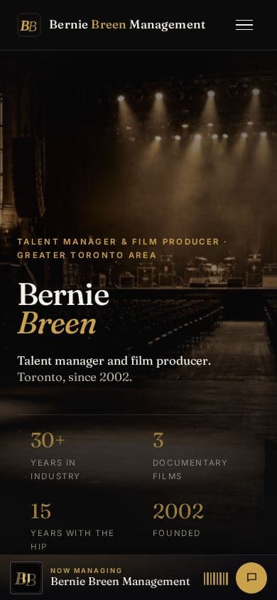 Mobile home page of the artist manager website for Bernie Breen, Toronto talent manager and documentary film producer