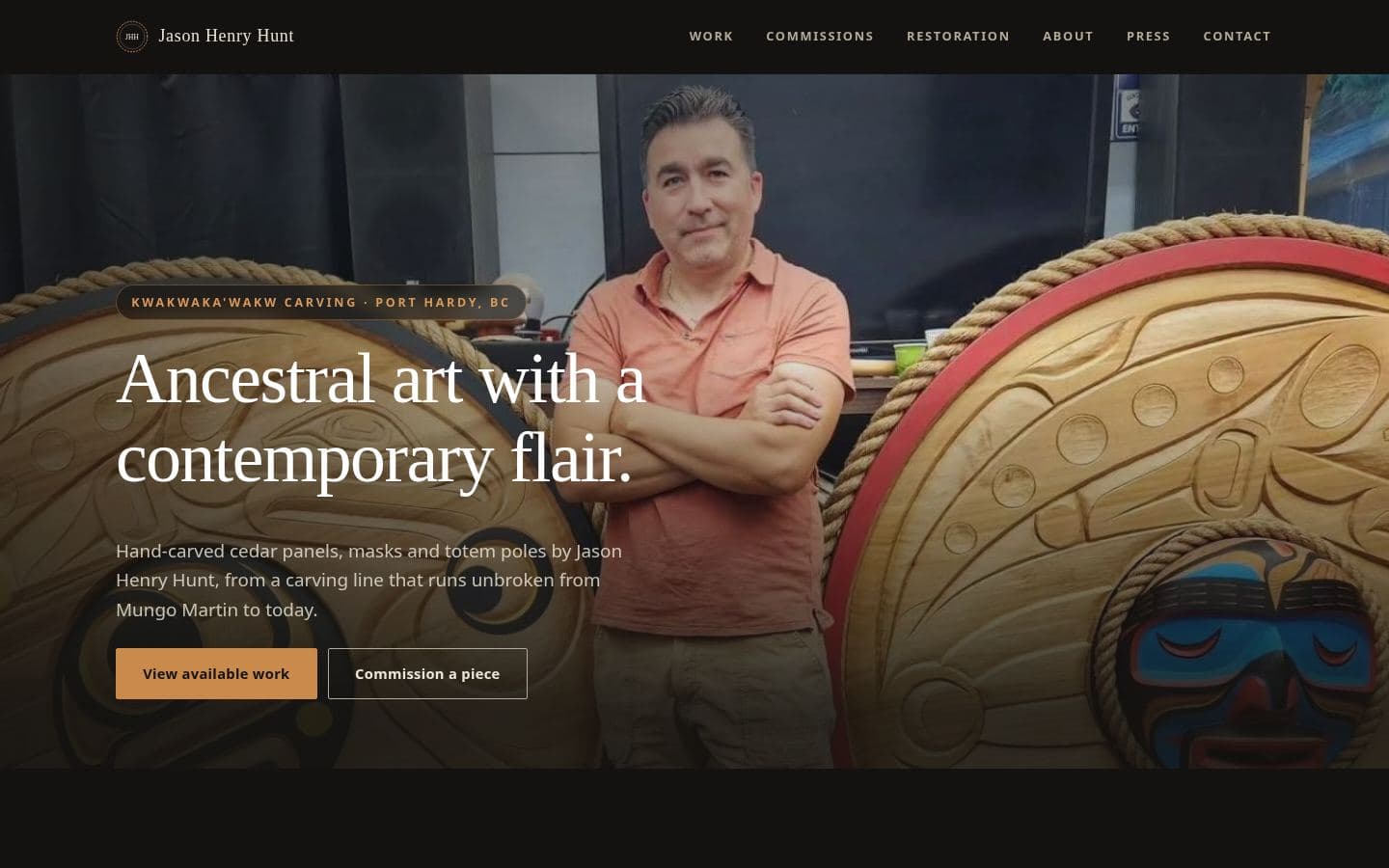 Desktop home page of the Jason Henry Hunt artist website with full-width carving photography and the family lineage feature
