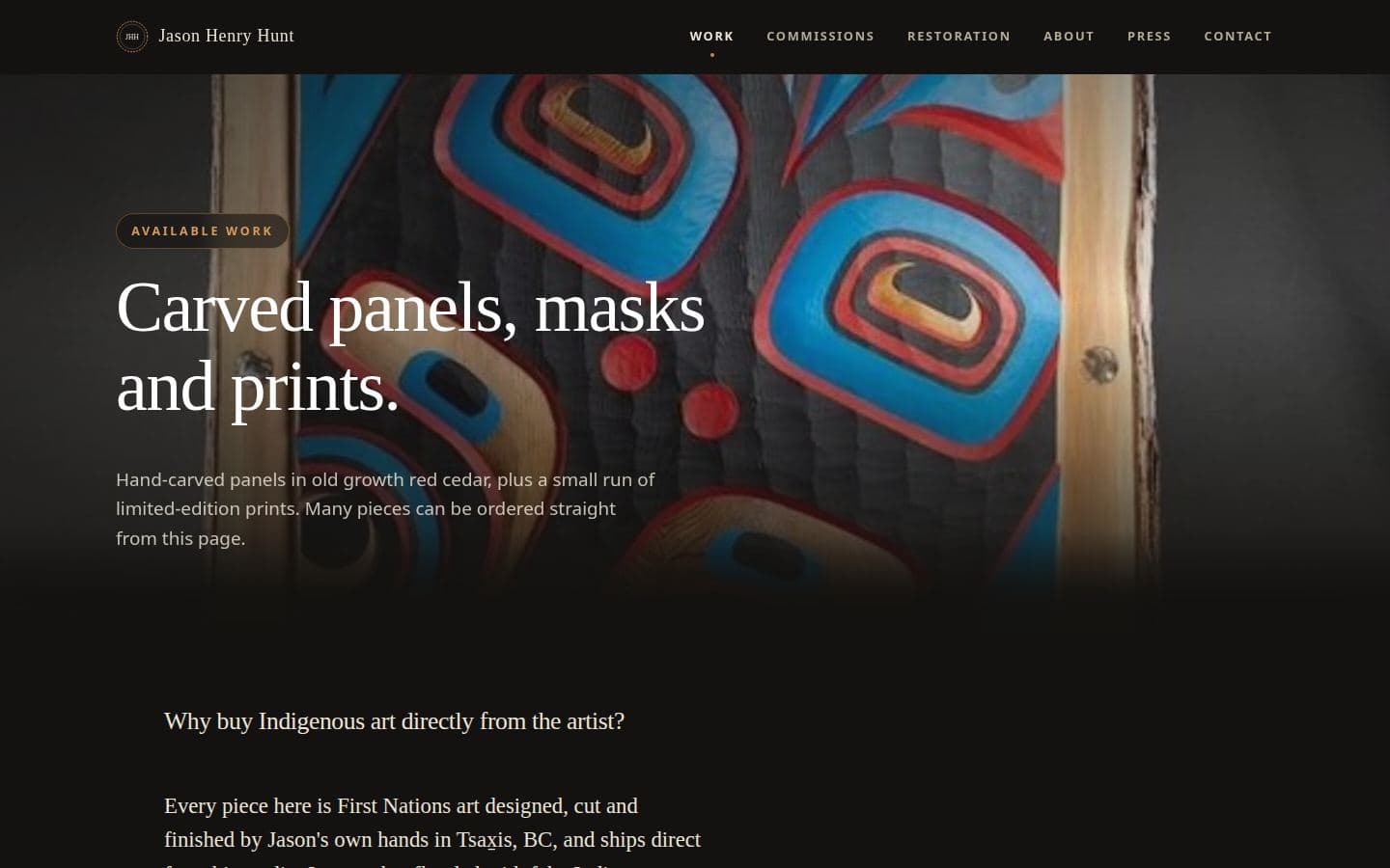 Desktop work page of the artist website showing the gallery of carved cedar panels and limited-edition prints for sale