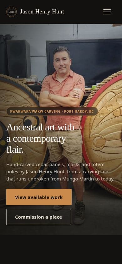 Mobile home page of the artist website design for Kwakwaka'wakw master carver Jason Henry Hunt of Port Hardy, BC