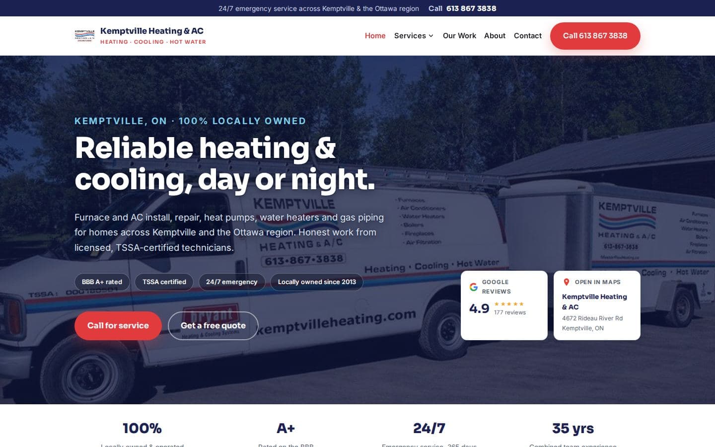 Desktop home page of the Kemptville Heating website design showing the hero, trust badges, and the Google rating the business displays