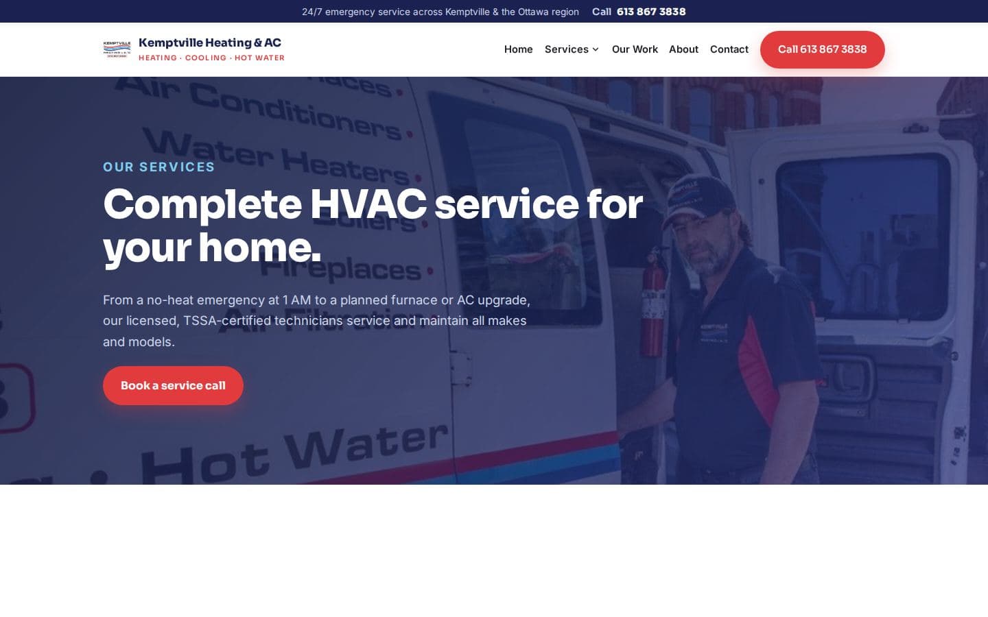 Desktop HVAC services page with dedicated sections for furnace and AC install, repair, heat pumps, and gas piping in Kemptville